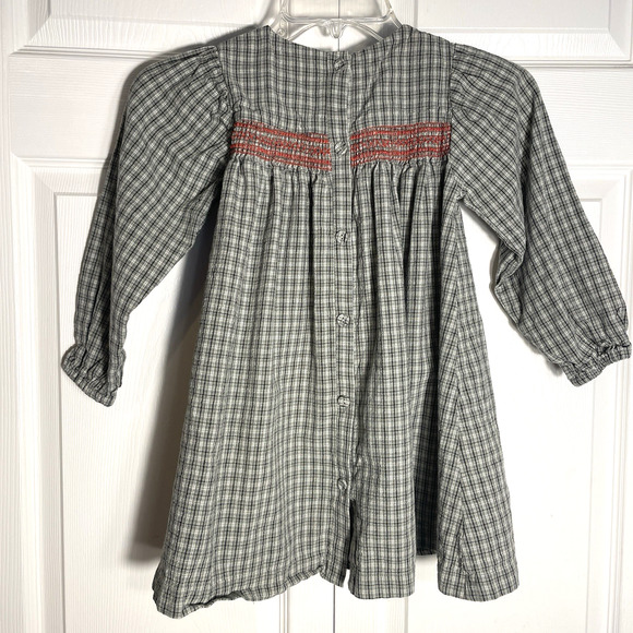 Maison Me Dress Girl 6Y Green Beige Plaid Homespun Cotton Smocked Cottagecore - Picture 3 of 7